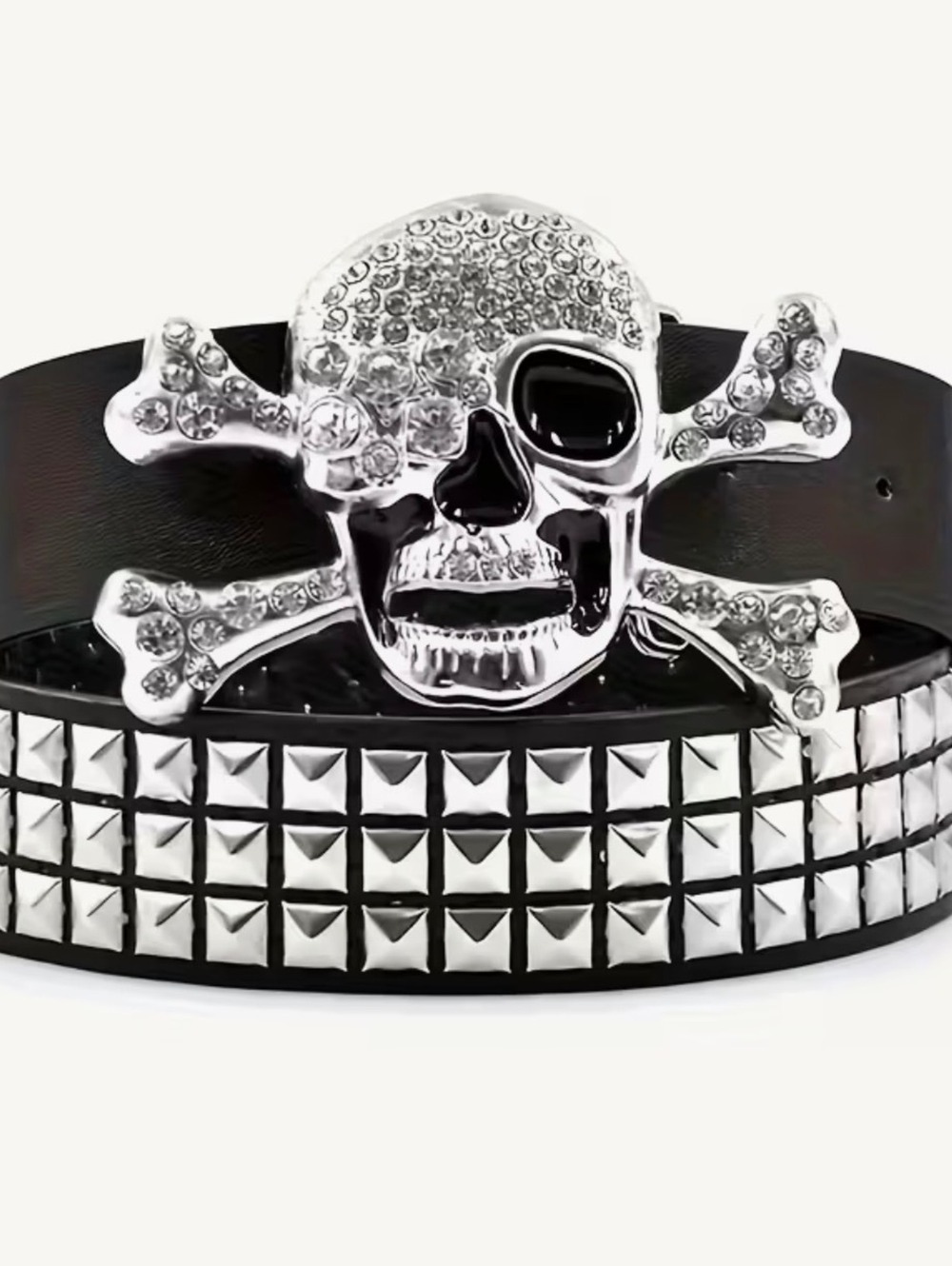 New -Chic -Black Faux Leather Studded Buckle Belt w/Rhinestone Skull